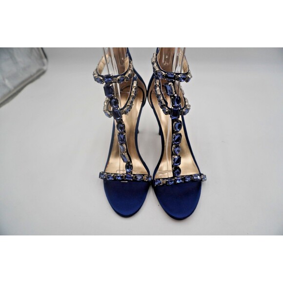Nine West Navy Blue Satin Crystal Embellished Ankle Strap Evening Stiletto 9.5M - Picture 1 of 8
